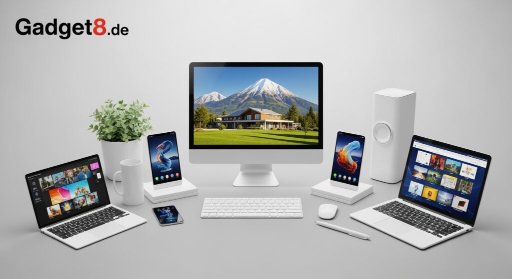 Moderner Arbeitsplatz mit Laptops, Smartphones und Desktop-Computer, auf dem ein Hausbild angezeigt wird.