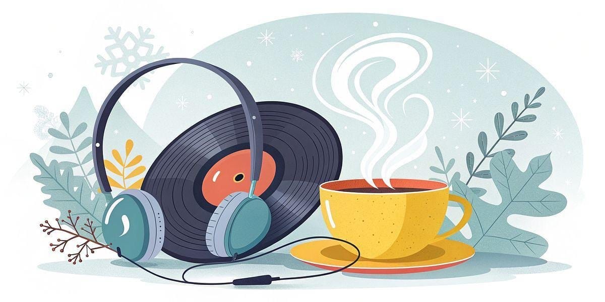 Headphones, vinyl record, and a steaming cup of coffee with winter foliage. gadget8.de